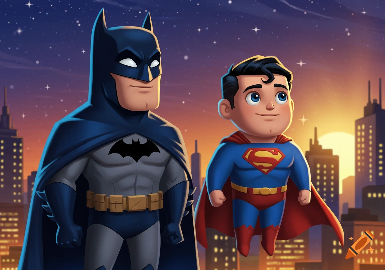 Cartoon Batman and a smaller Superman stand together against a city skyline at sunset.
