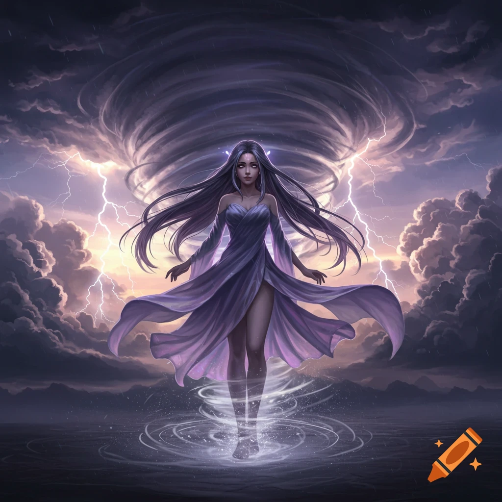 Anime girl in a flowing purple dress with long hair, standing against a stormy sky with a large tornado and lightning, fantasy art.