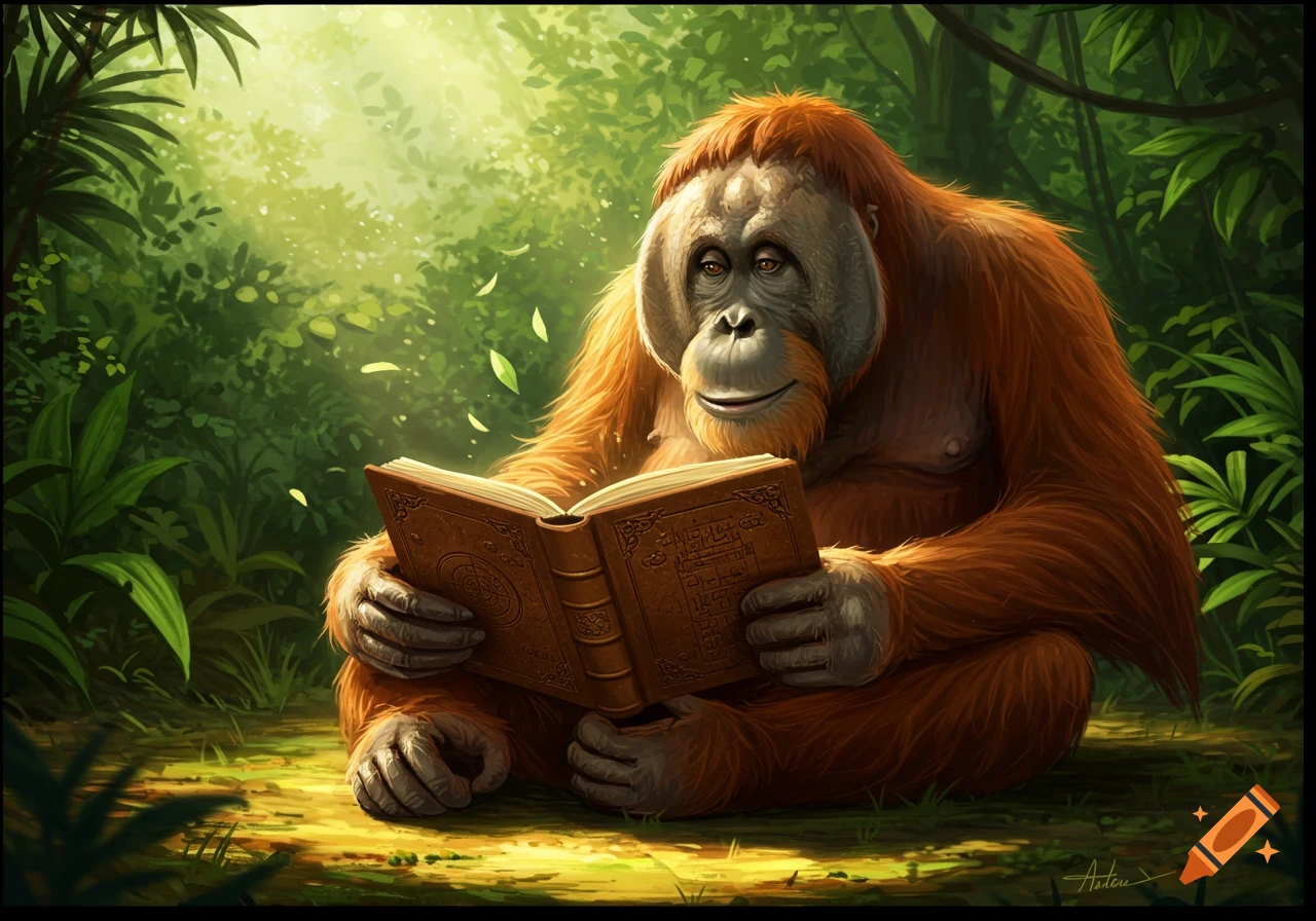An orangutan with orange fur sits in a lush green jungle, reading a large, ornate brown book bathed in sunlight.