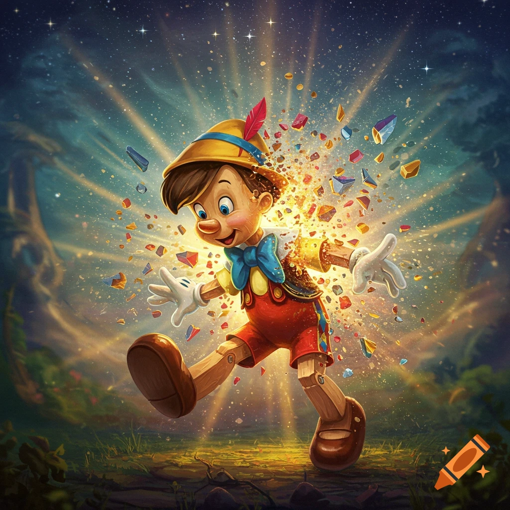 Pinocchio, a wooden puppet, smiles as he runs, his body dissolving into colorful, glowing fragments in a magical forest.