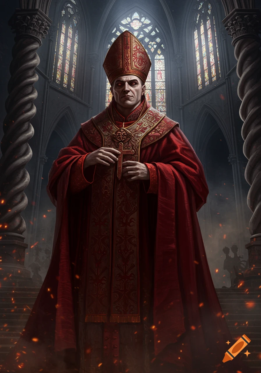 A stern cardinal with red eyes in ornate red robes, holding a cross, stands dramatically in a dark gothic cathedral with stained glass and embers.