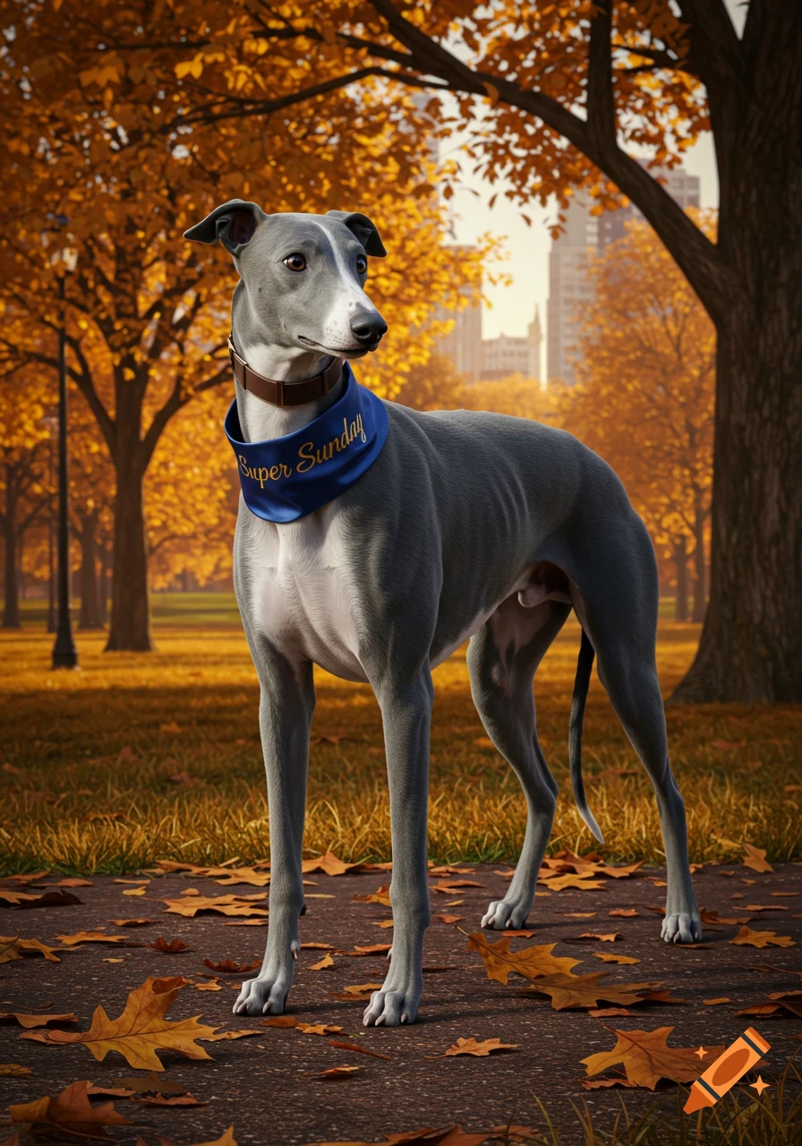 A photorealistic slate grey greyhound wearing a blue 'Super Sunday' bandana stands in an autumn park.