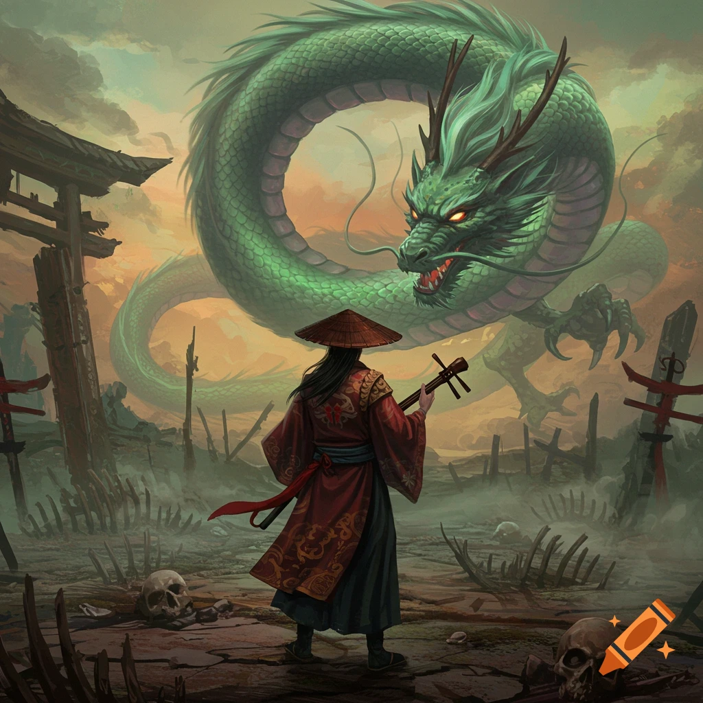A person in a straw hat and kimono plays an instrument, facing a large green dragon in a desolate, ruined landscape with skulls.