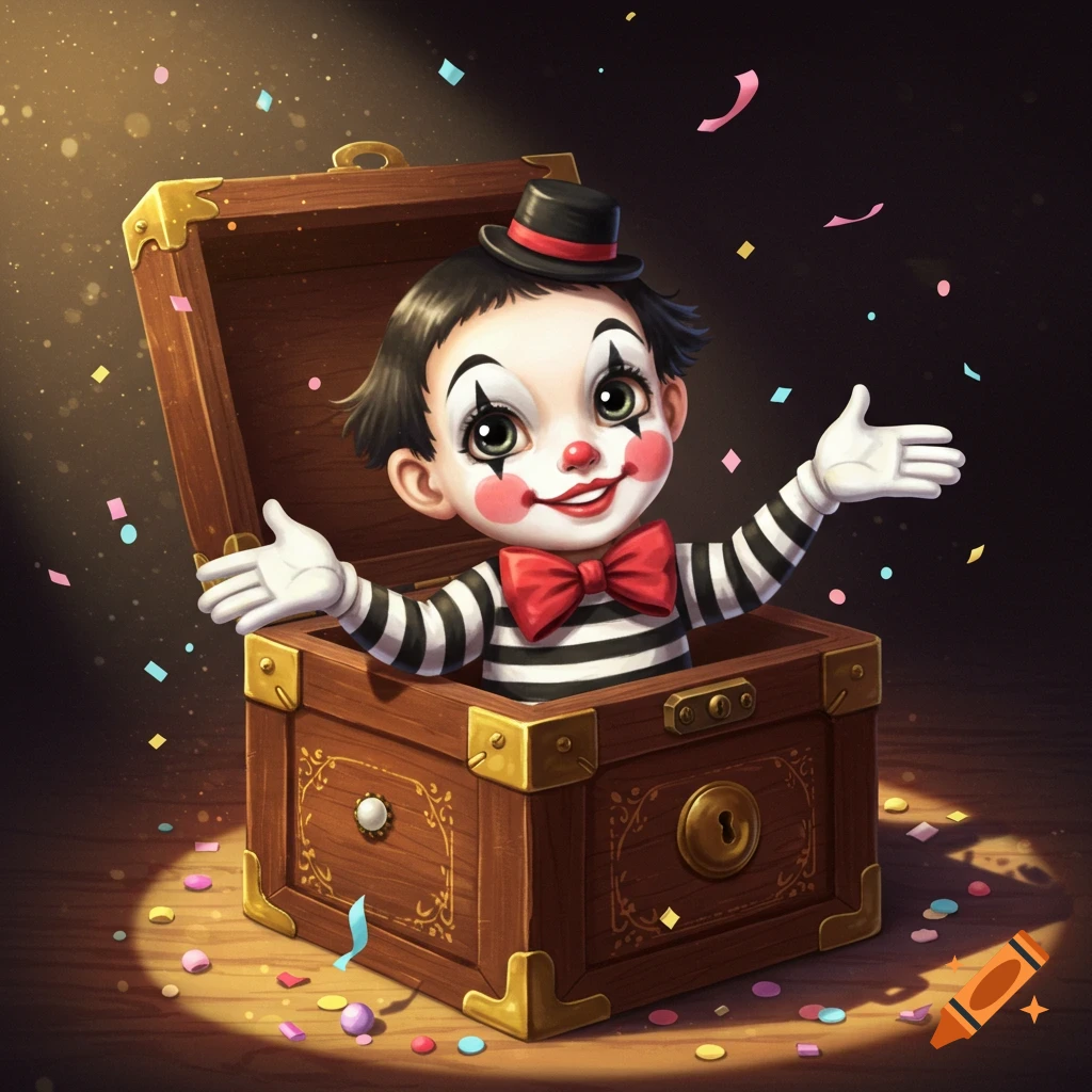 A cute, smiling cartoon mime with a hat and red bow tie pops out of an ornate wooden box surrounded by colorful confetti.