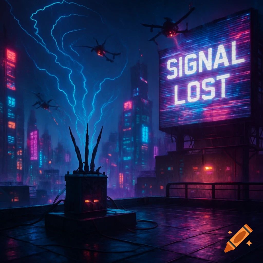A cyberpunk cityscape at night with neon lights, a signal jammer, drones, and a billboard displaying "SIGNAL LOST".