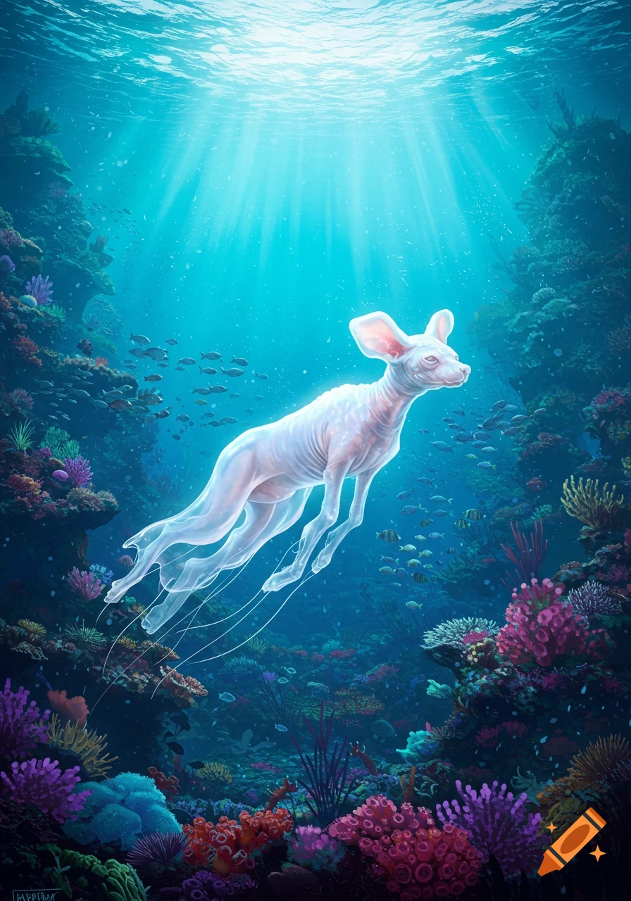 A glowing, translucent jellyfish-like creature with a Sphynx cat head swims in a vibrant coral reef, illuminated by sunbeams.