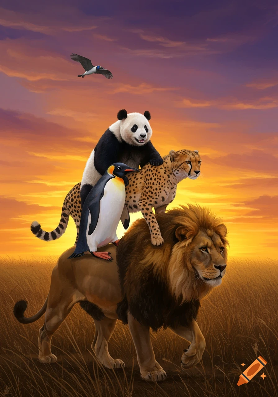 A panda on a penguin, on a cheetah, on a lion, all standing in a grassy field at sunset with a bird flying overhead.