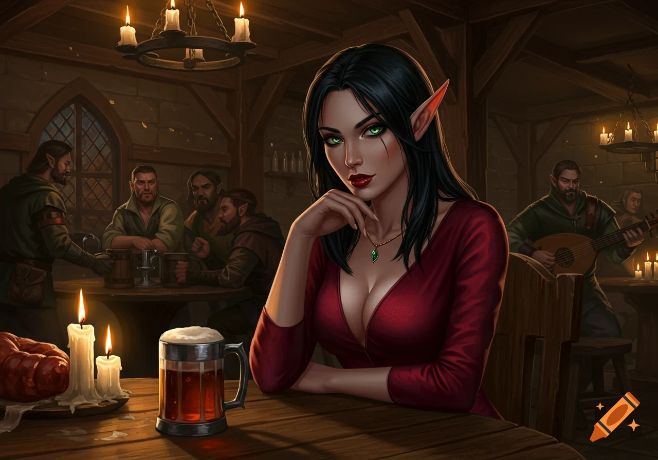 A beautiful half-elf woman with black hair and green eyes in a red dress sits at a tavern table, looking at the viewer. Men and a lute player are in the background, with beer and candles on the table. Digital fantasy art.