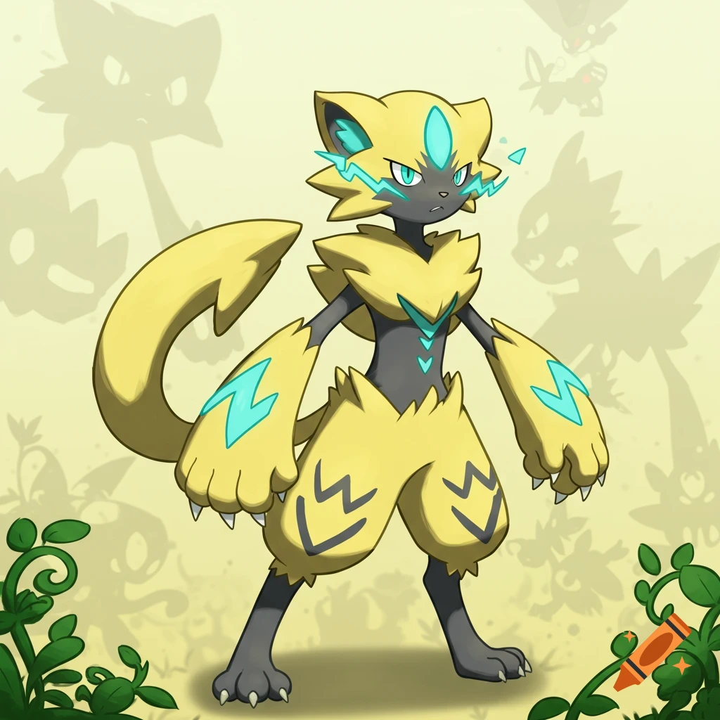 A 2D illustration of the yellow and grey Pokémon Zeraora with turquoise accents, standing amidst green vines and faint Pokémon silhouettes.