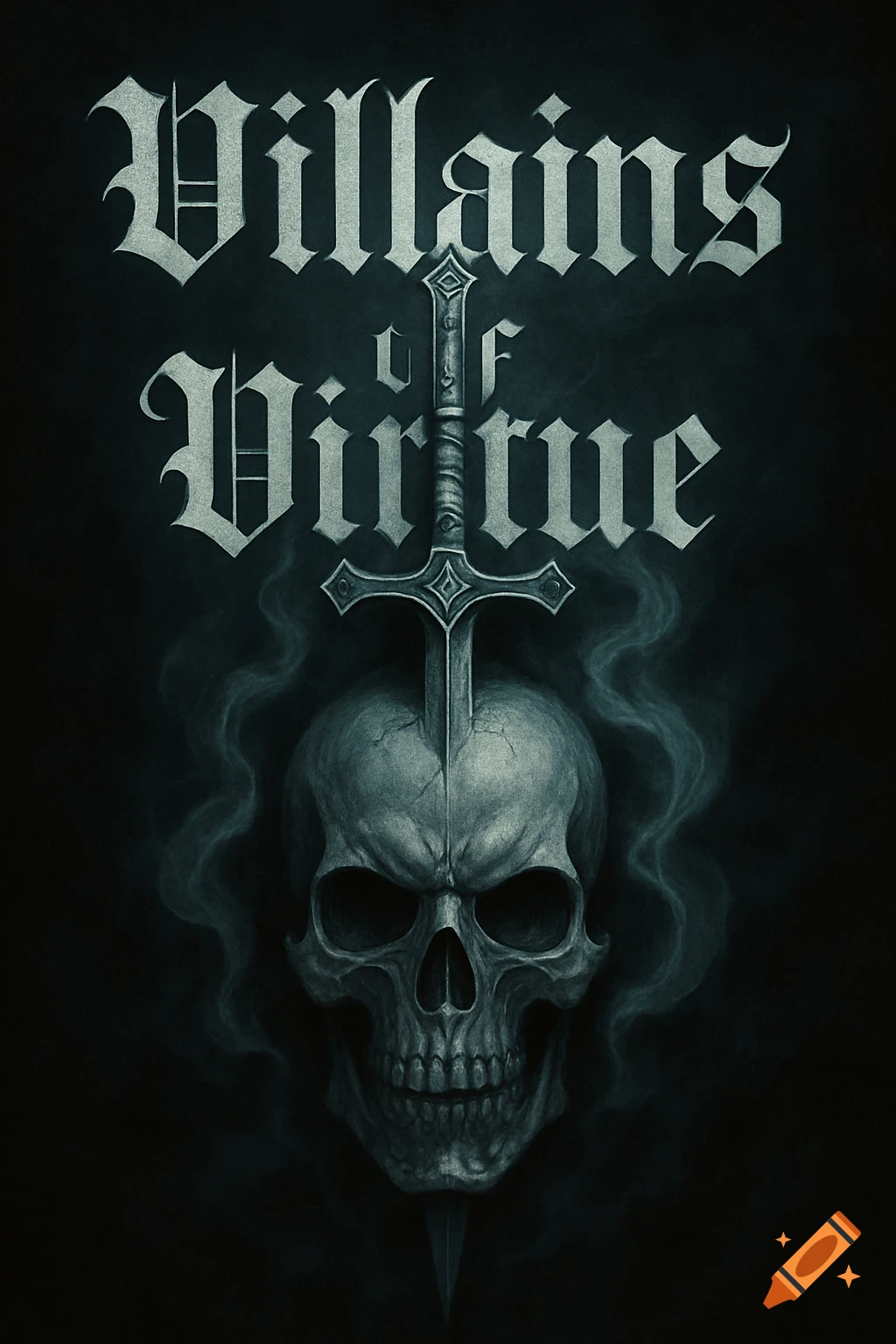 Gothic art featuring a skull pierced by an ornate sword, with the words 'Villains of Virtue' above it, all set against a dark, smoky background.