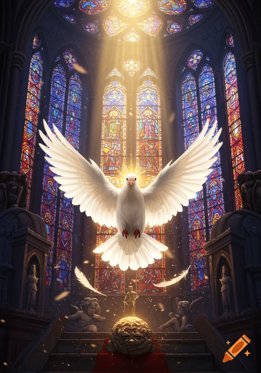 A glowing white dove with spread wings in a grand church, illuminated by golden light streaming through vibrant stained glass windows.