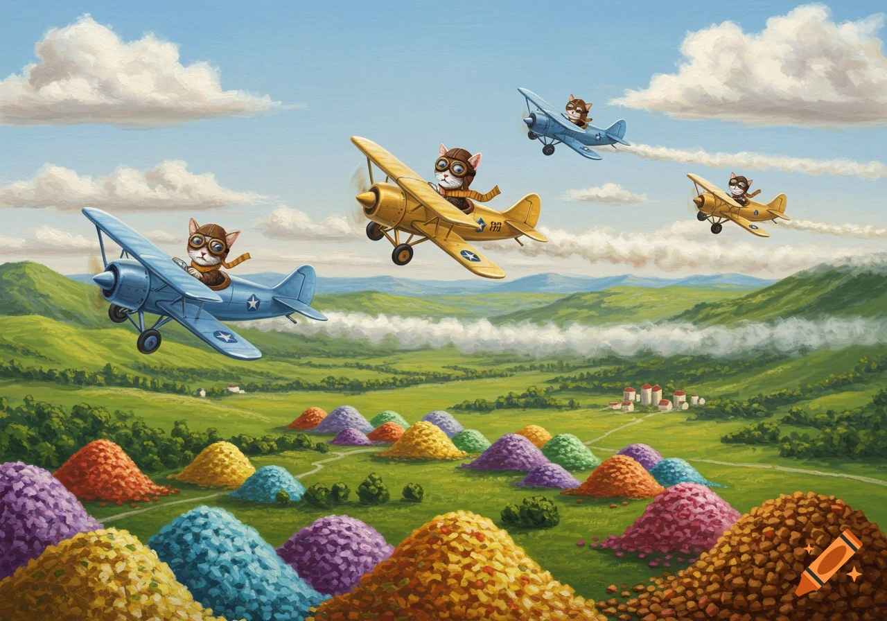 Four cartoon kittens fly biplanes in formation over a colorful valley with piles of cat food, in an illustrated style.