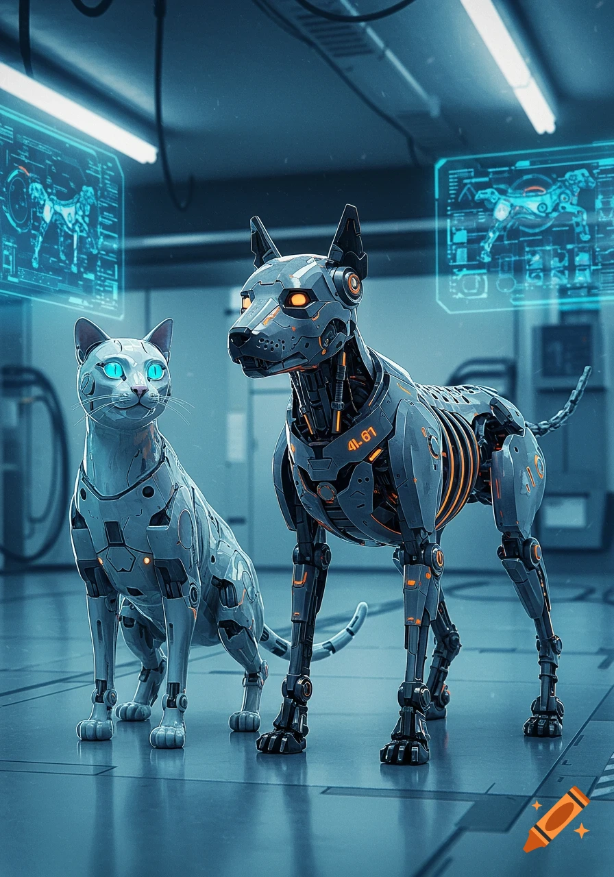 A white robotic cat and a gray robotic dog stand in a futuristic, blue-lit lab with holographic screens.