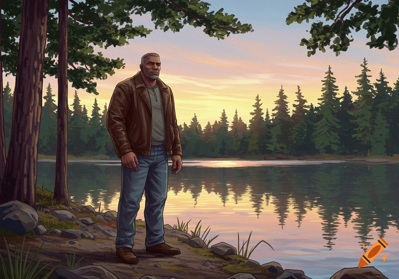Illustrative depiction of a man in a brown jacket and jeans standing by a serene lake with a forest background at sunset.