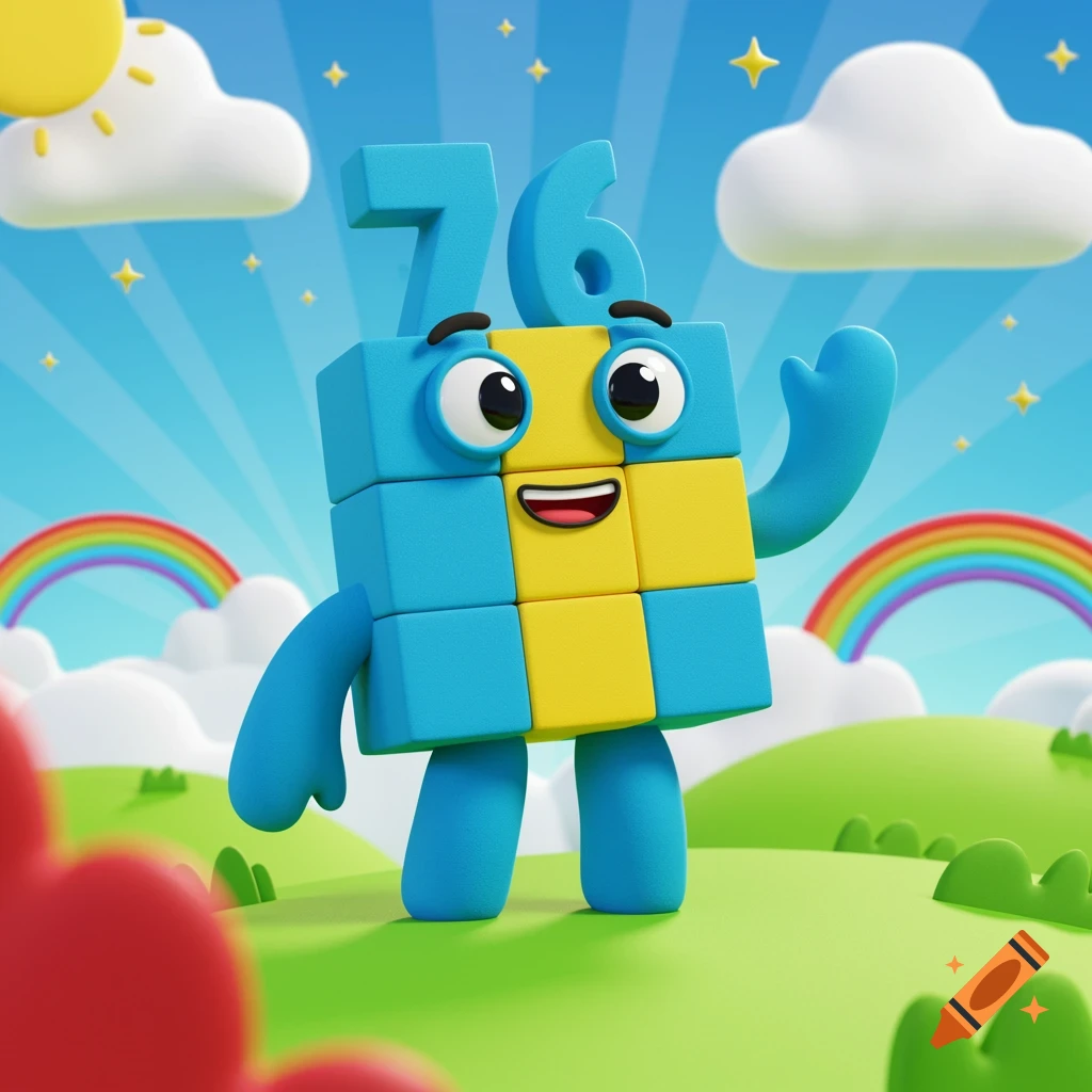 3D animated Numberblocks character 76, a blue and yellow checkered block, smiling and waving in a bright, sunny landscape with rainbows.
