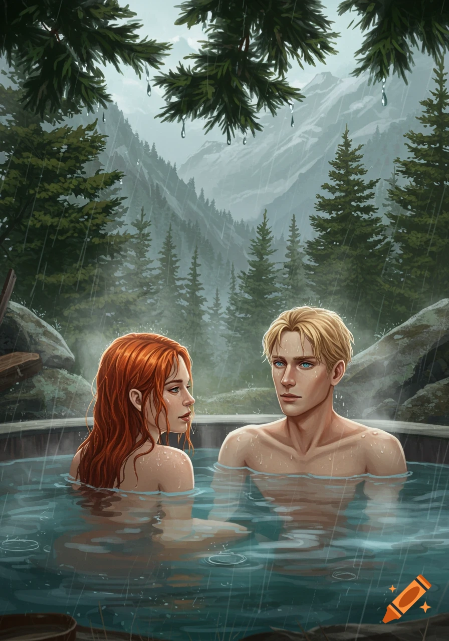 A red-haired woman and a blonde man in a hot tub, looking serious, in a rainy mountain forest.
