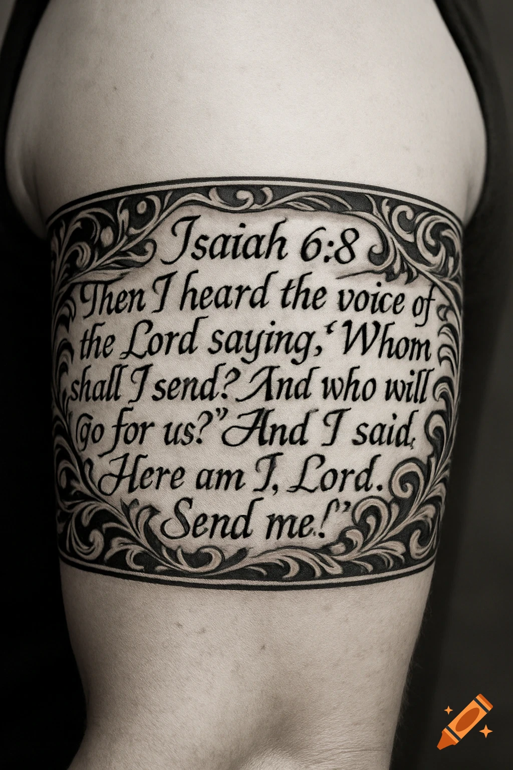 Armband tattoo on a bicep, featuring ornate scrollwork and the Bible verse Isaiah 6:8 in elegant script.