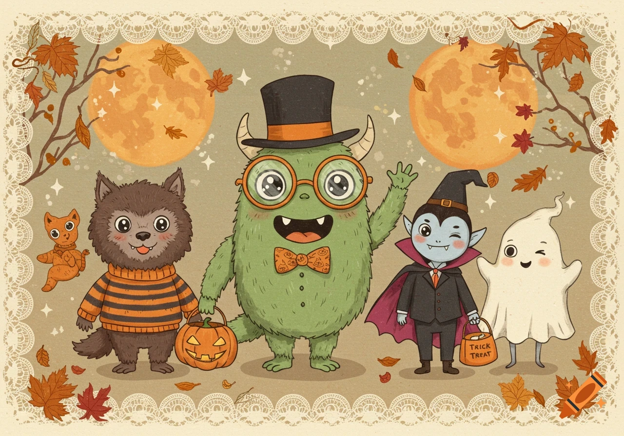 Cute vintage Halloween illustration of a werewolf, green monster, vampire, and ghost under full moons with autumn leaves.