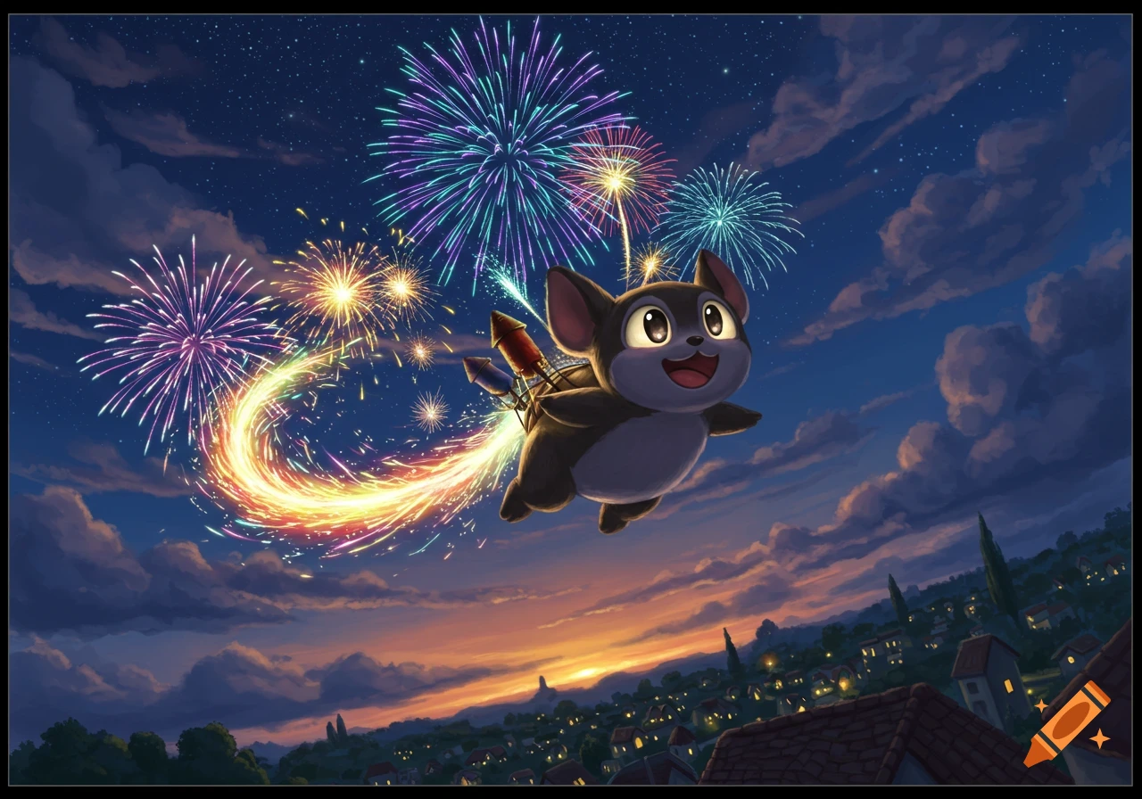 A cute, dark grey creature with a smile flies through a starry night sky, propelled by fireworks on its back. Colorful fireworks explode over a town at sunset.