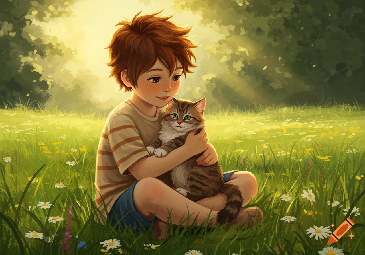 A young boy with reddish-brown hair sits in a sunny, flower-filled green field, gently holding a tabby cat in an illustrated style.
