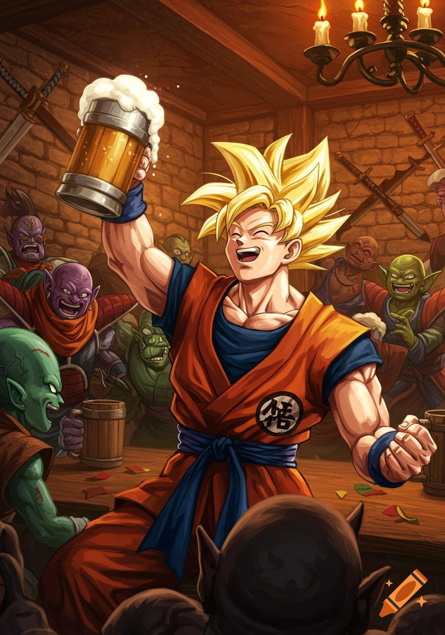 Super Saiyan Goku cheers with a frothy beer mug in a lively fantasy tavern surrounded by goblin-like creatures, in an anime art style.