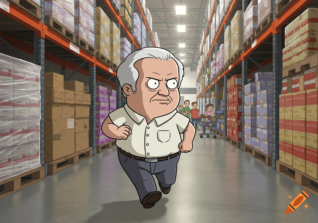 A stout, grumpy, white-haired cartoon man runs down a long warehouse aisle lined with shelves of products.