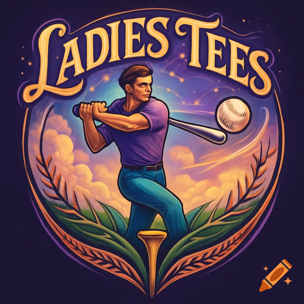 Stylized logo for 'Ladies Tees' baseball team, a man in a purple shirt swings a bat at a baseball, with a golf tee.
