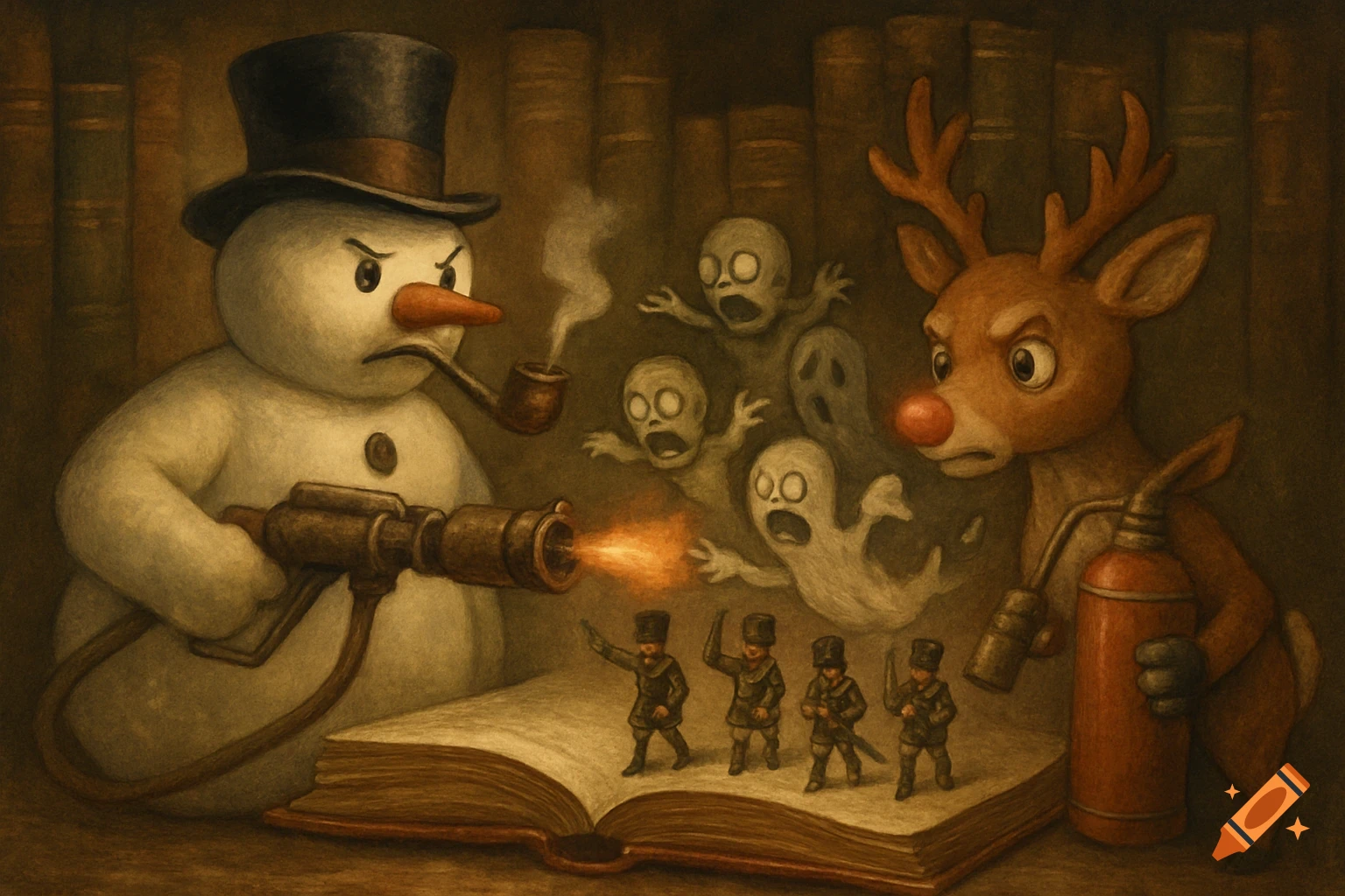 Angry snowman with a flamethrower and startled reindeer with a fire extinguisher battle ghosts and toy soldiers emerging from a vintage book, dark fantasy illustration.