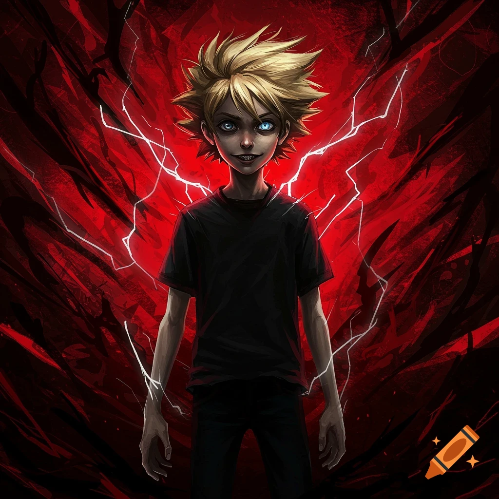An anime-style illustration of an insane boy with spiky blonde hair, heterochromia, a creepy smile, and a dark shirt, against a chaotic red and white background.