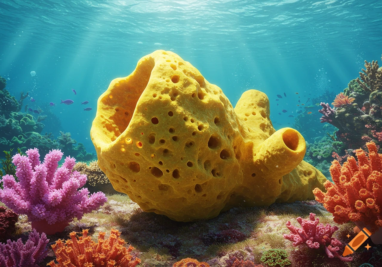 Vibrant underwater scene with a large yellow sponge, colorful coral reefs, small fish, and sunlight streaming through the water.