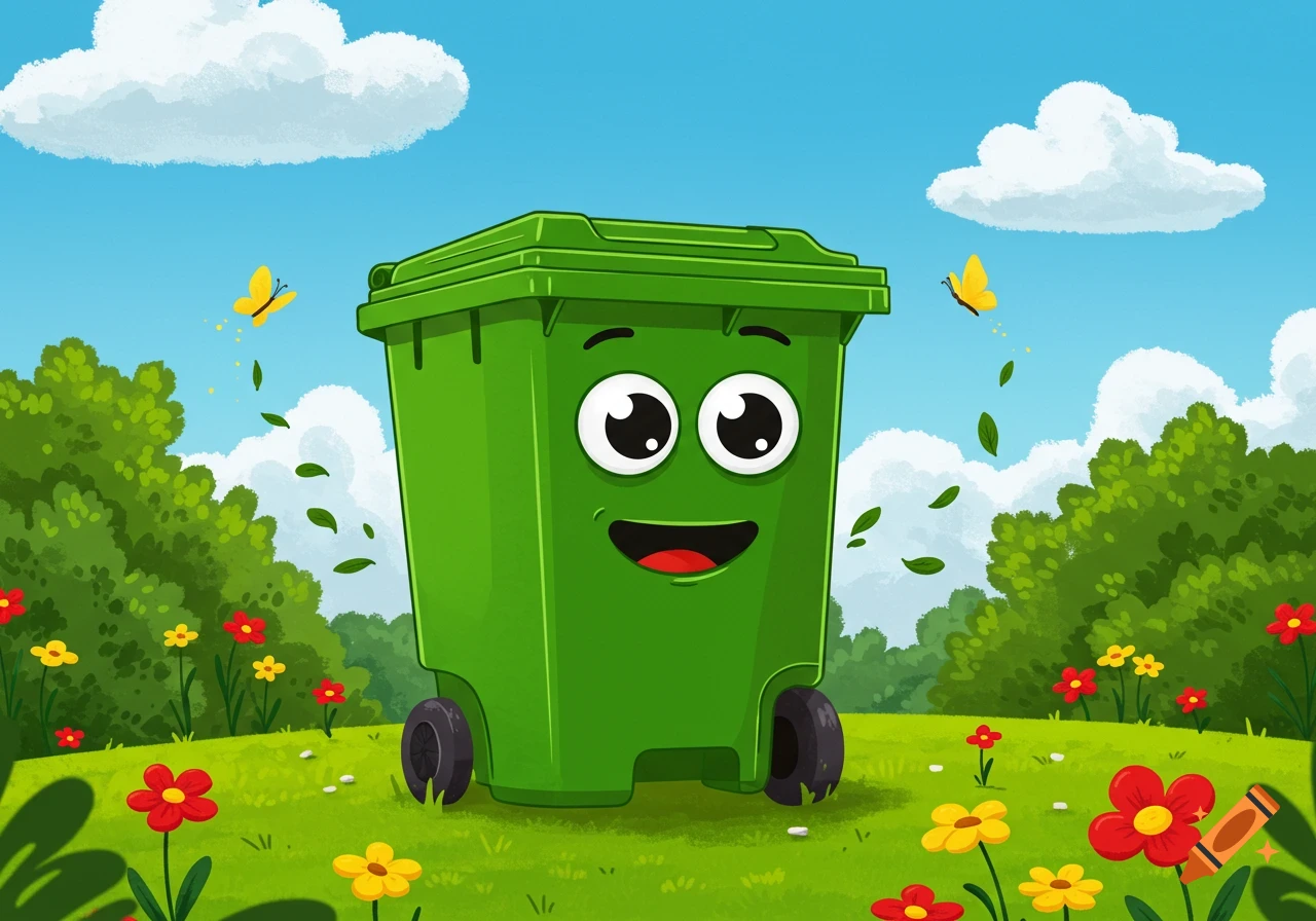 A happy green cartoon wheelie bin with a smiling face in a grassy field with colorful flowers, bushes, butterflies, and a blue sky.