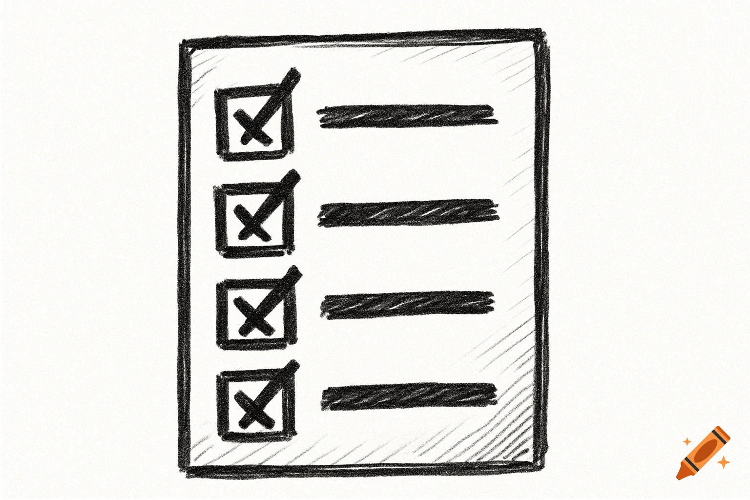 A hand-drawn checklist with four checked items, each marked with an 'X' in a square box next to a horizontal line.