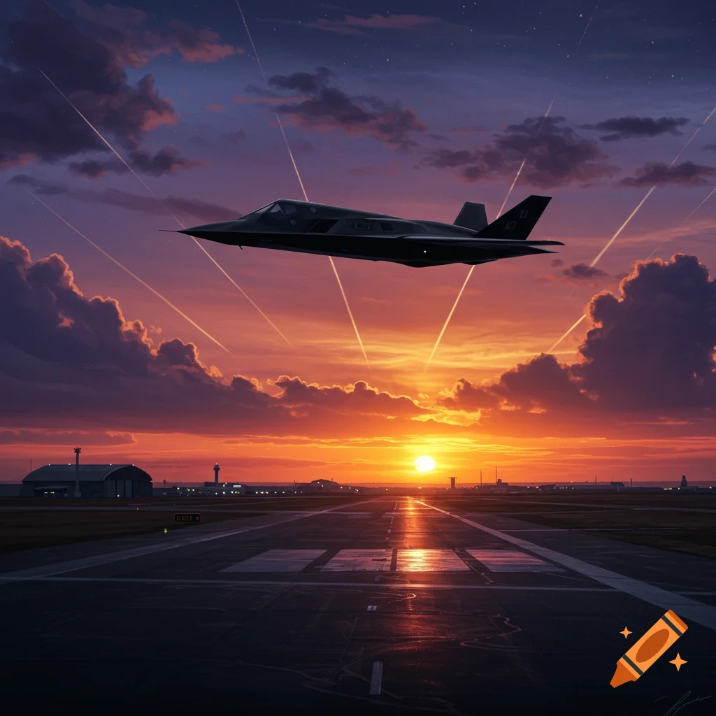 A dark stealth jet flies low over an airport runway during a vibrant sunset, with golden light reflecting off the wet tarmac and clouds. Light streaks across the purple and orange sky.