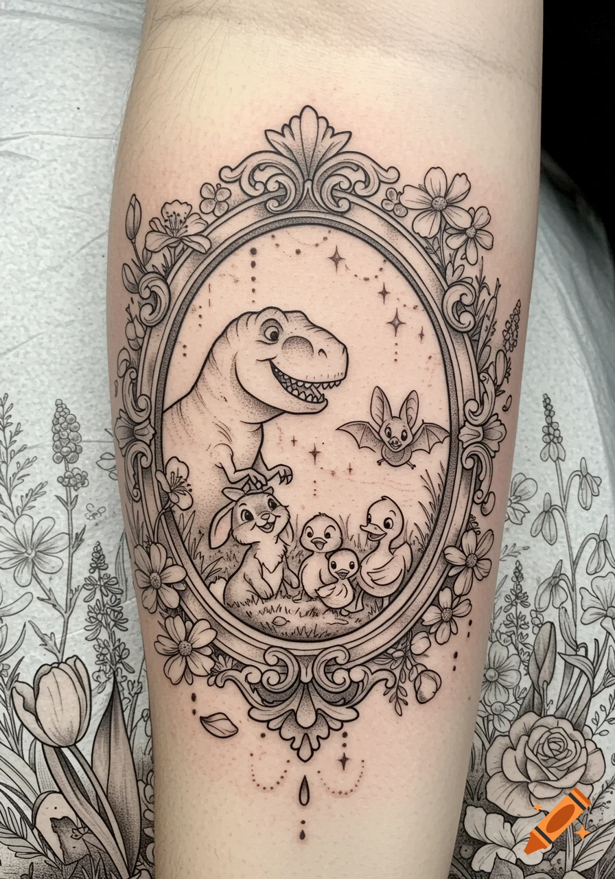 Black and grey tattoo design on a leg showing a cartoon T-Rex, bunny, two ducklings, and a bat inside an ornate floral frame.