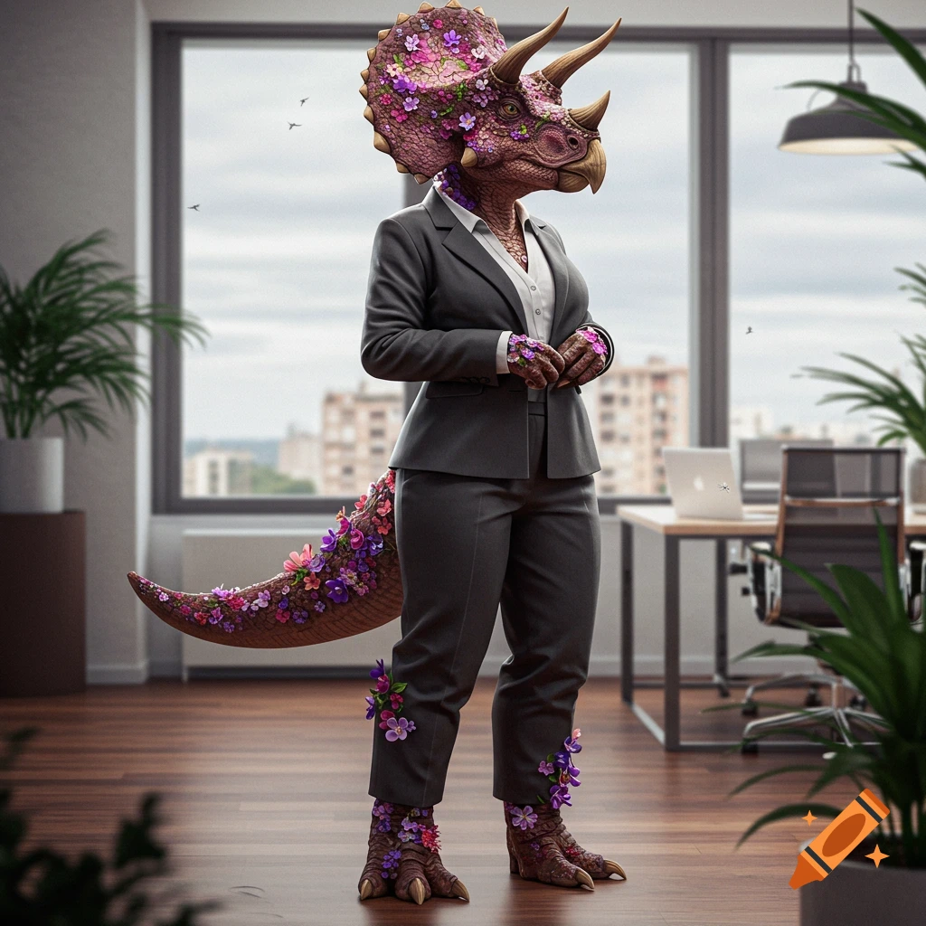 Photorealistic anthropomorphic triceratops covered in flowers, wearing a pantsuit, standing in a modern office.
