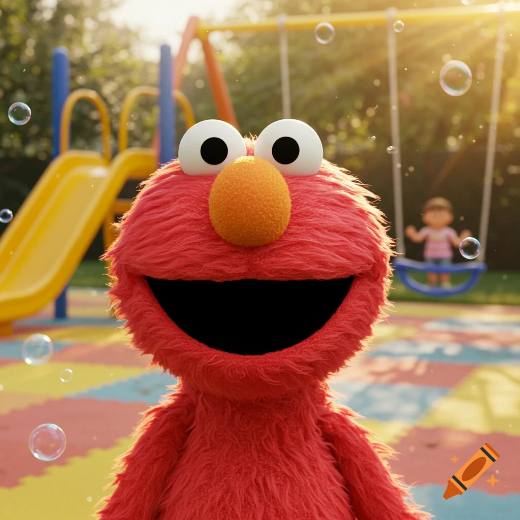 Photorealistic Elmo smiles widely in a sunny playground with floating bubbles and a child on a swing in the background.
