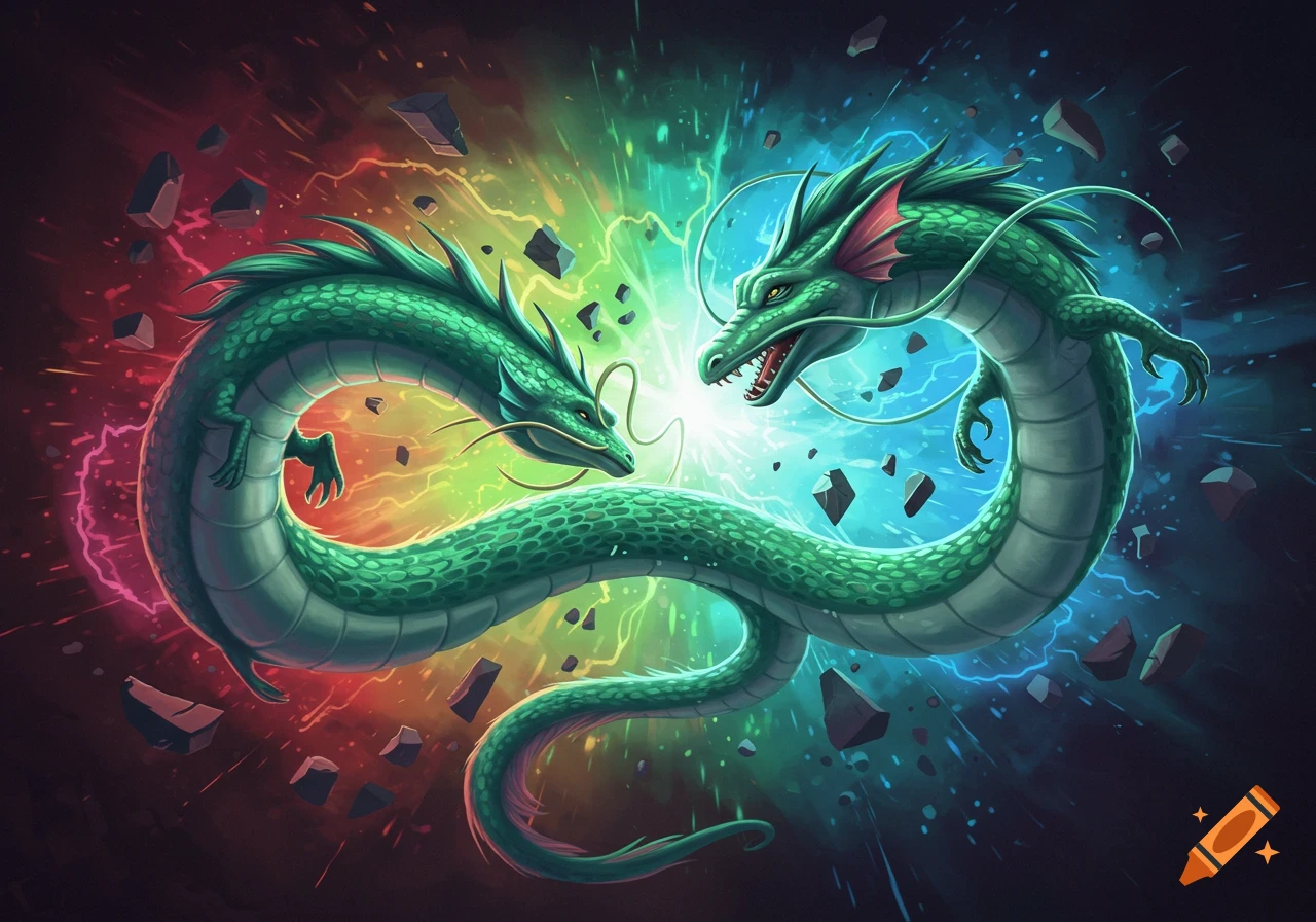 Two green serpentine dragons face off in a dynamic, colorful energy explosion with flying debris in an anime art style.
