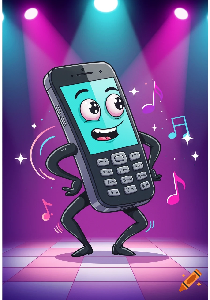 A cheerful cartoon cell phone with a face, arms, and legs dances on a stage with spotlights and musical notes.