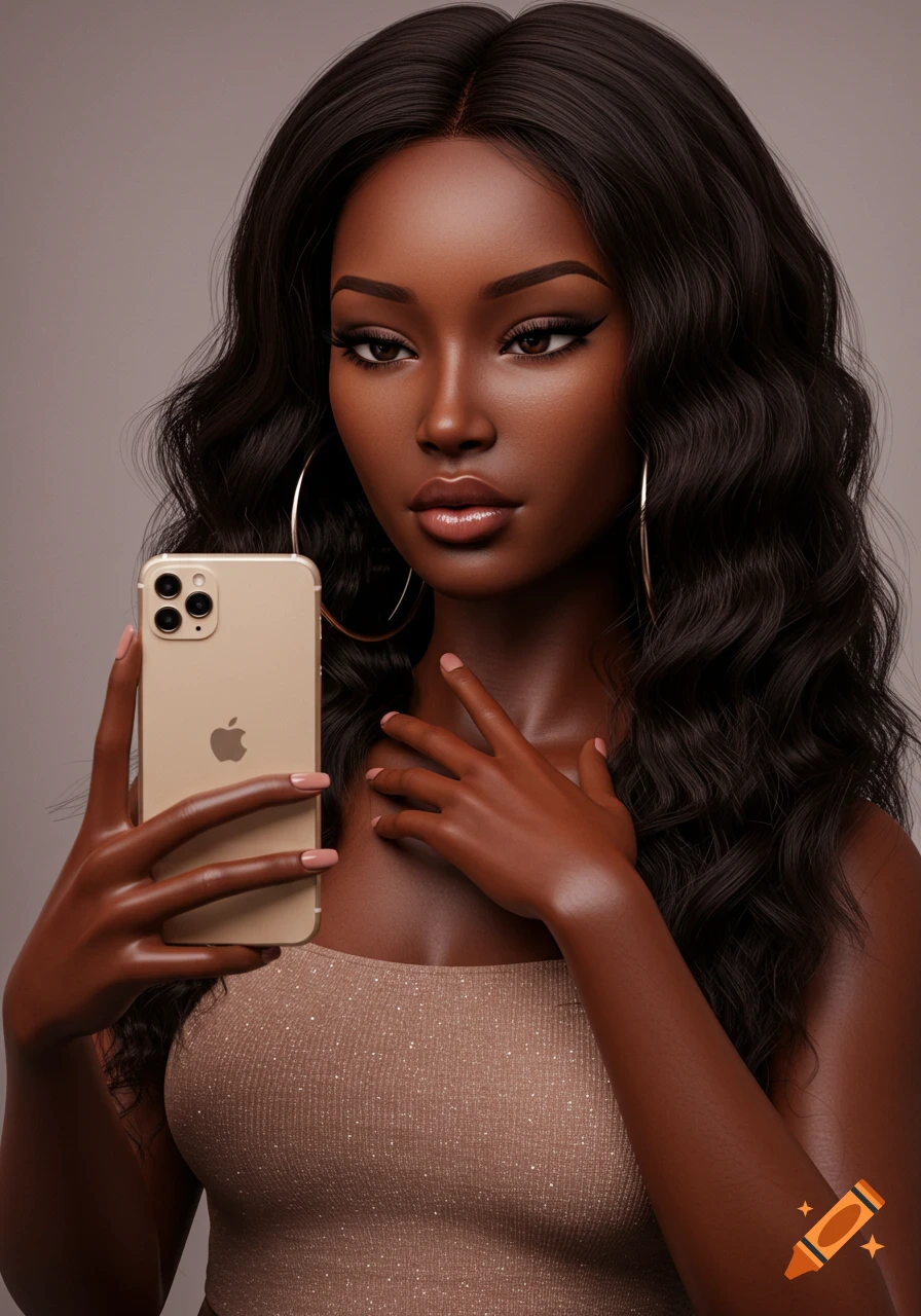 A beautiful Black woman with long dark wavy hair, wearing a shimmering top and large hoop earrings, poses with a gold iPhone as if taking a selfie, against a plain background. The image has a glossy, stylized aesthetic.
