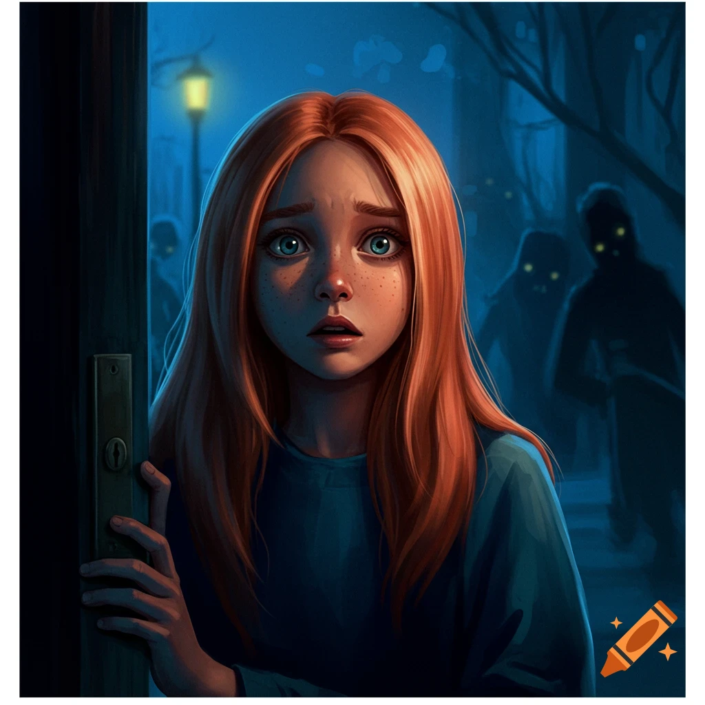 A scared red-haired girl peeks through a door at shadowy figures on a dark street at night, in a digital painting.