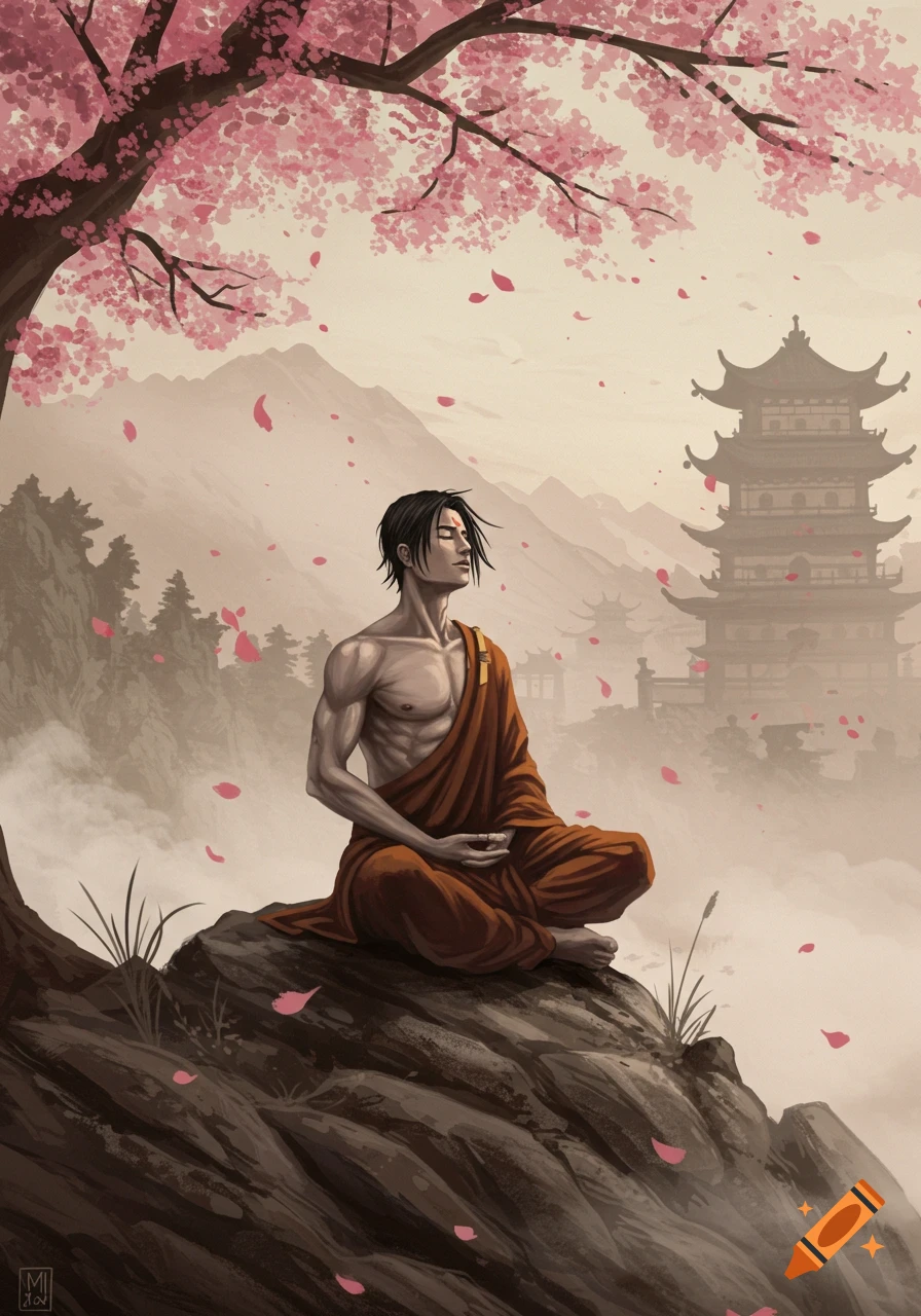 Stylized illustration of a monk meditating under a cherry tree, with a pagoda and mountains in the background.