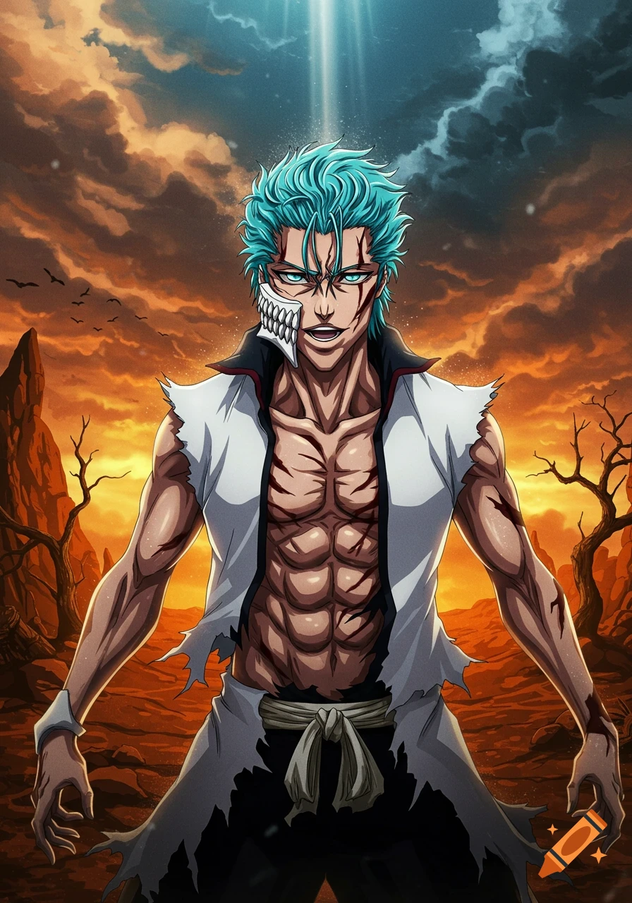 Anime illustration of Grimmjow with blue hair, a partial skull mask, scars, and ripped clothes, standing in a desolate, orange landscape under a dramatic sky.