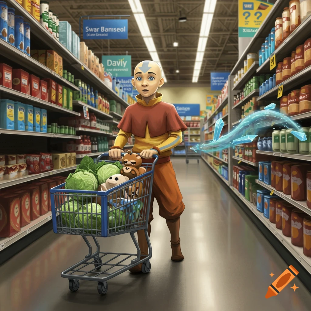 Avatar Aang pushes a shopping cart with cabbages and stuffed animals down a supermarket aisle, a glowing blue spirit animal flies beside him.