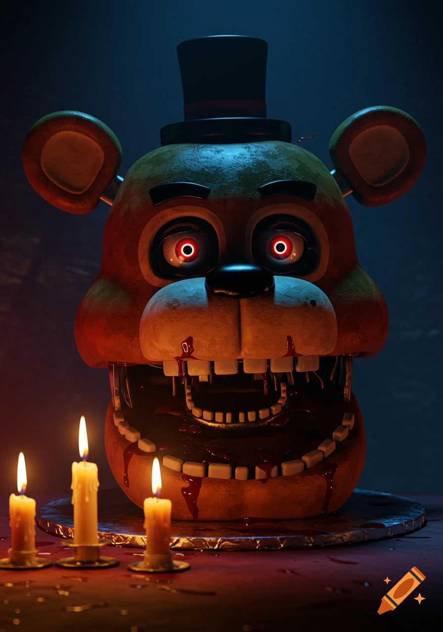 A close-up of a bloody Freddy Fazbear animatronic head with glowing red eyes, its mouth wide open revealing sharp teeth and dripping blood, surrounded by three lit candles.