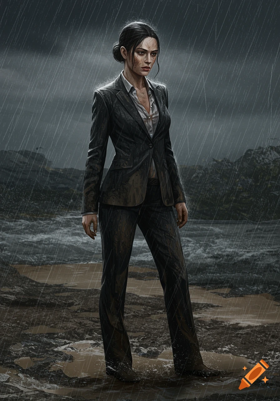 A photorealistic image of a woman in a dark, muddy business suit with a low bun, standing in heavy rain on a stormy beach.