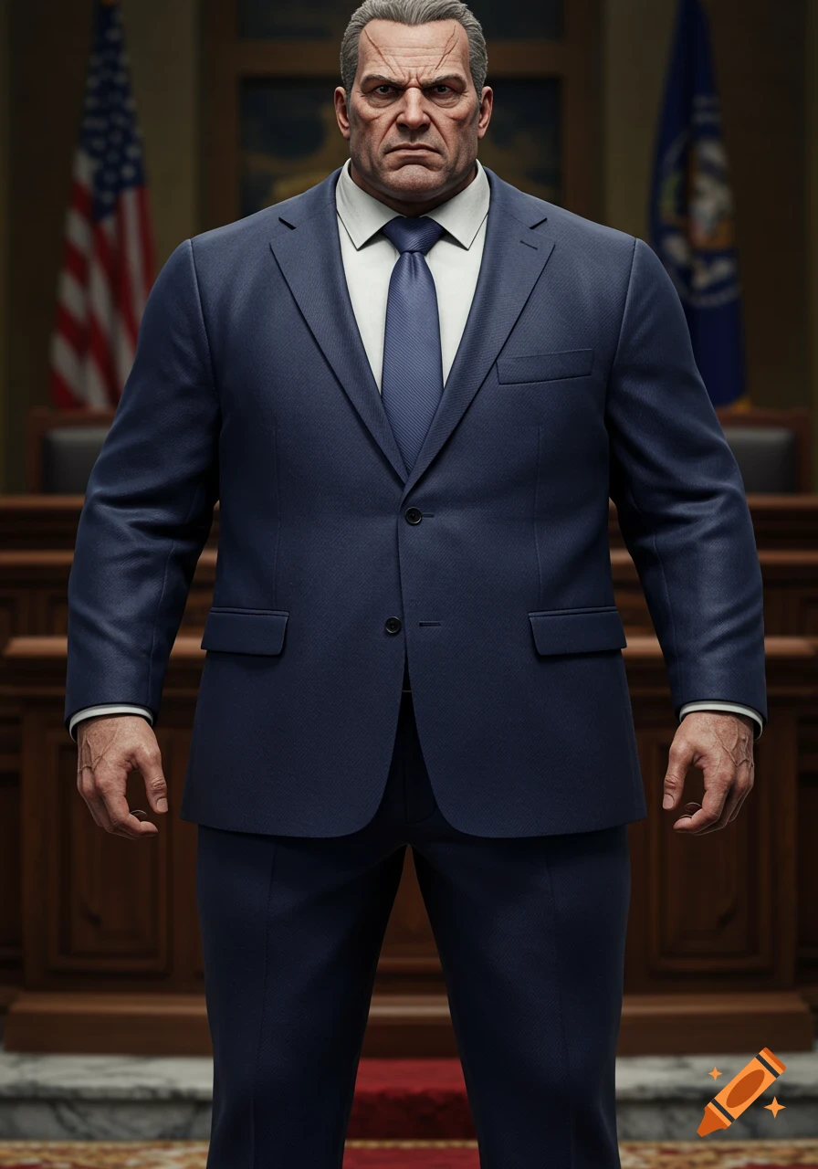 A stern, muscular man in a dark blue suit and tie stands in an official setting with flags in the background, rendered in a realistic 3D style.