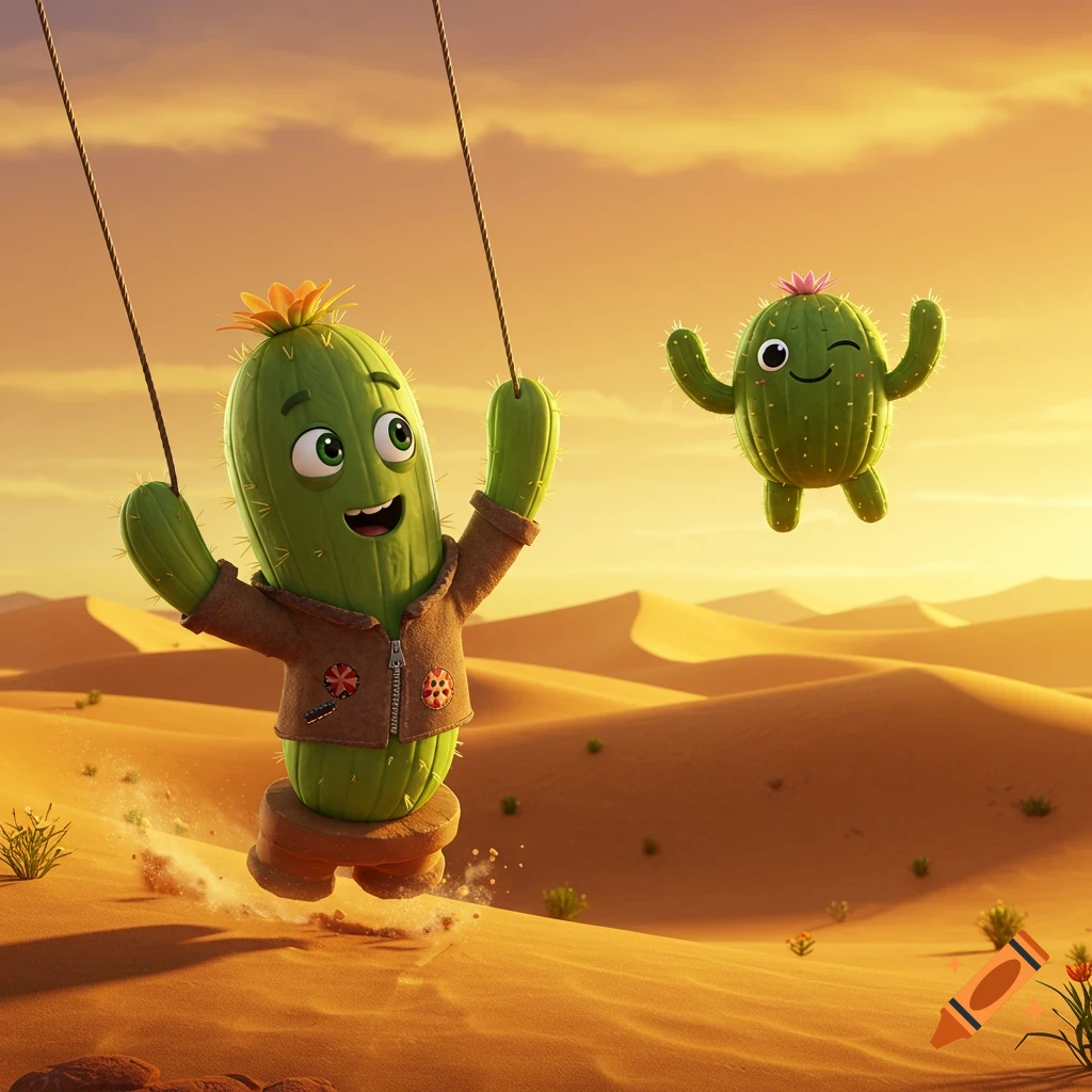 A happy cartoon cactus on a swing in a desert, with another winking cactus floating nearby at sunset.