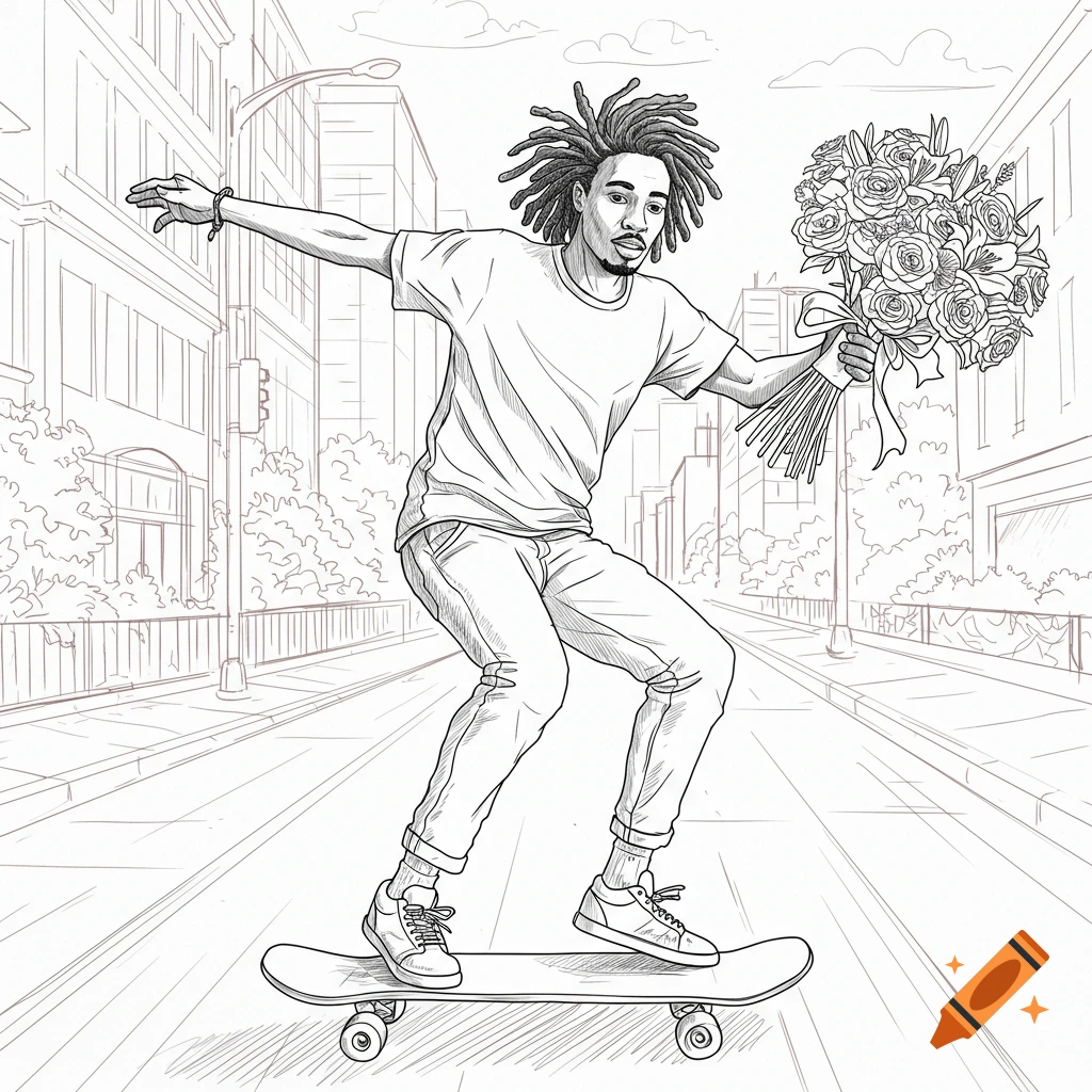 Line art drawing of a Black man with dreadlocks skateboarding down a city street while holding a large bouquet of flowers.