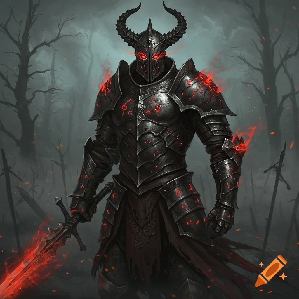 A fearsome dark knight in horned armor with glowing red eyes and fiery accents holds a glowing red sword in a desolate, foggy forest.