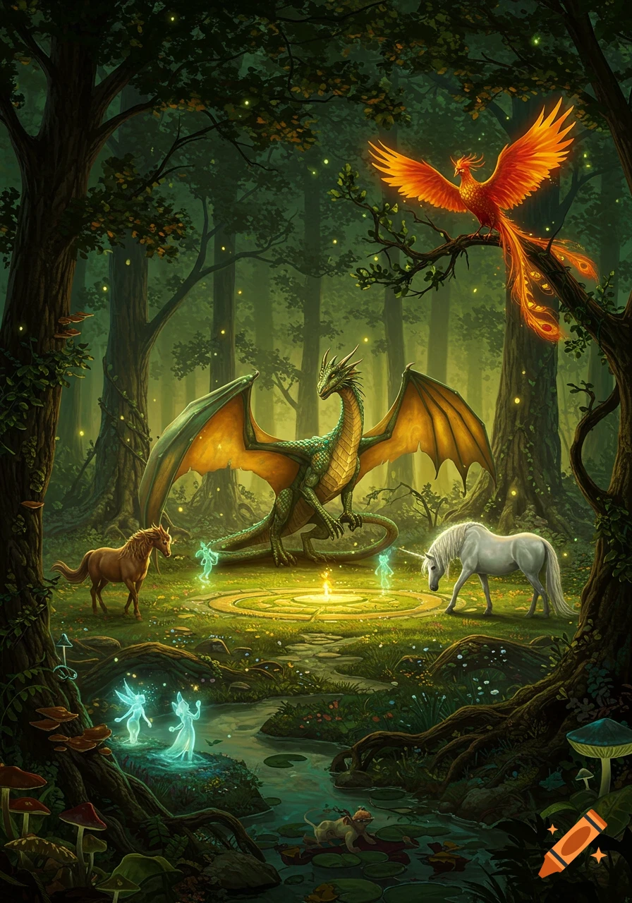 Vibrant illustration of a green dragon, orange phoenix, unicorns, and glowing fairies in an enchanted magical forest.